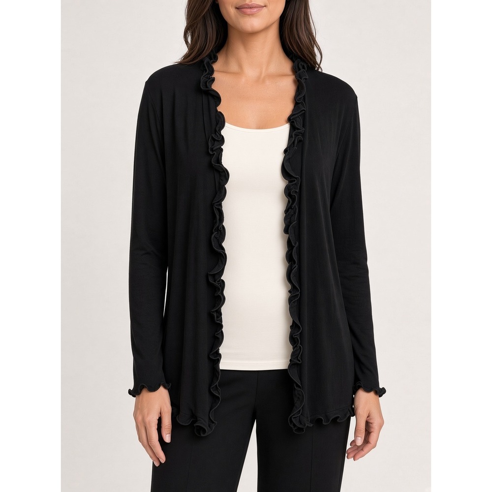 Chicos Travelers Black Ruffle Open Front Cardigan Ribbed Size 3 XL 16 USA Made